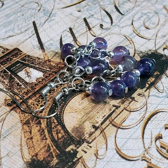 Amethyst Purple Gemstone Bead Dangle Silver Platinum Plated Earrings - Picture 4 of 10